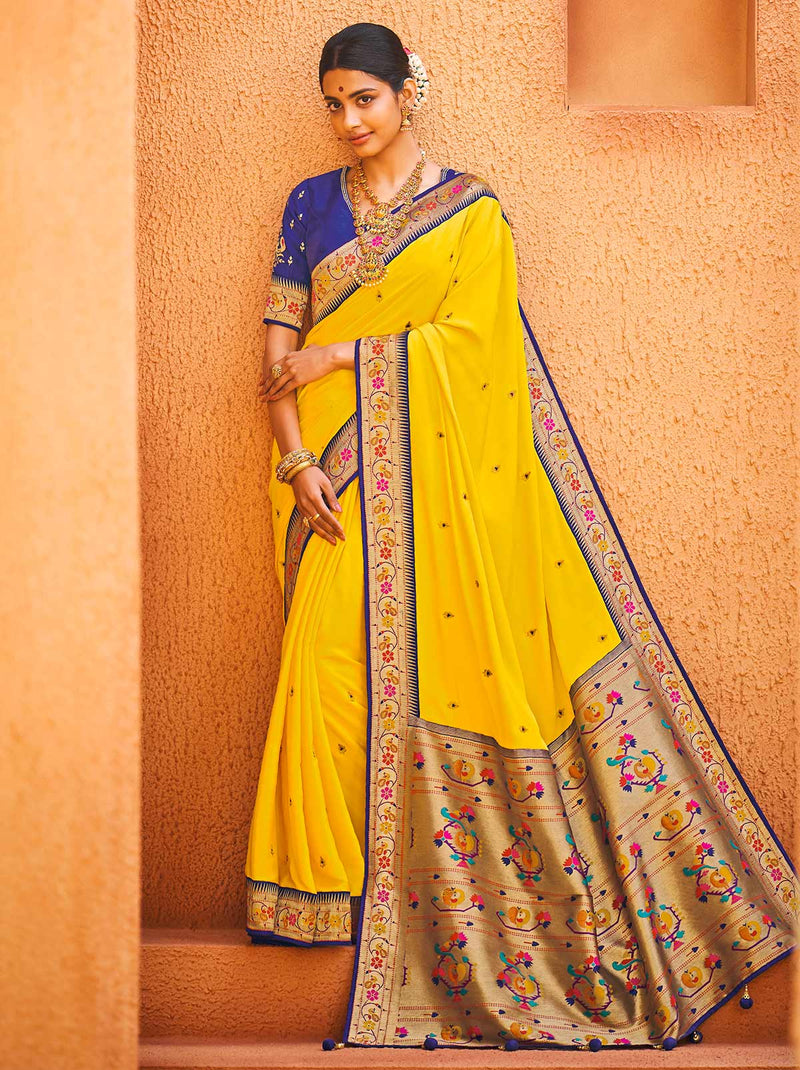Sunrise Yellow Silk Saree with Embroidered Blouse - TrendOye