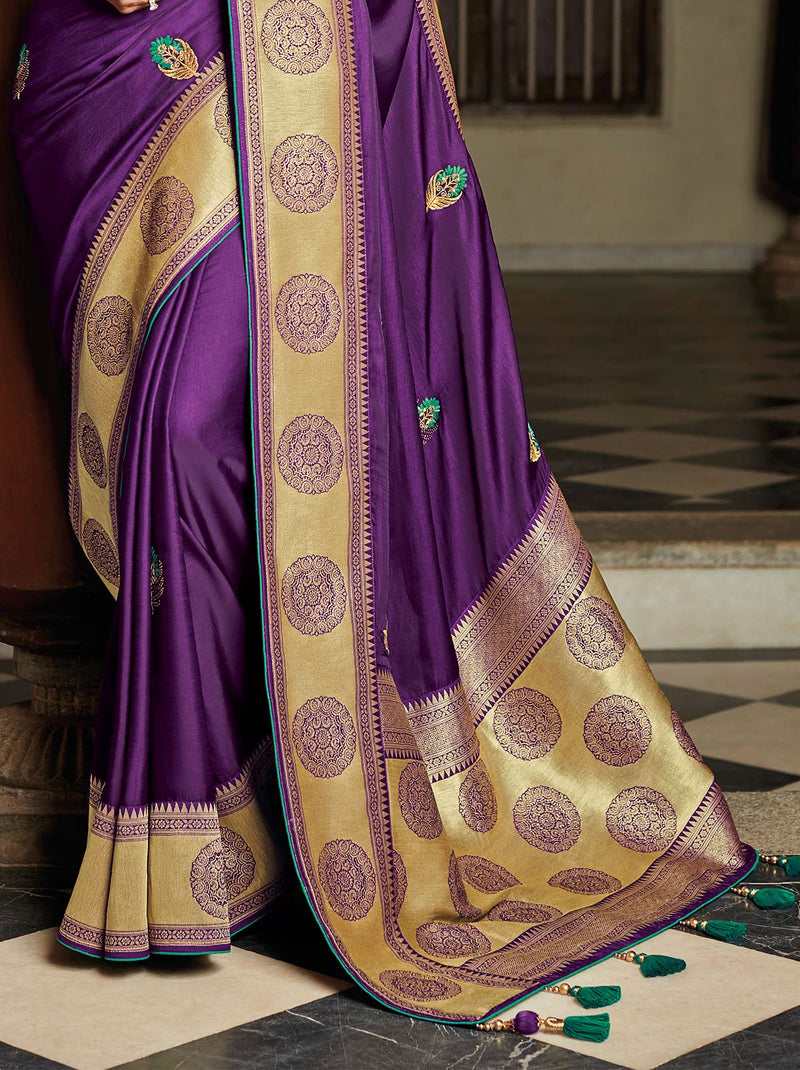 Posh Purple Silk Embroidered Saree with Zari Border - TrendOye