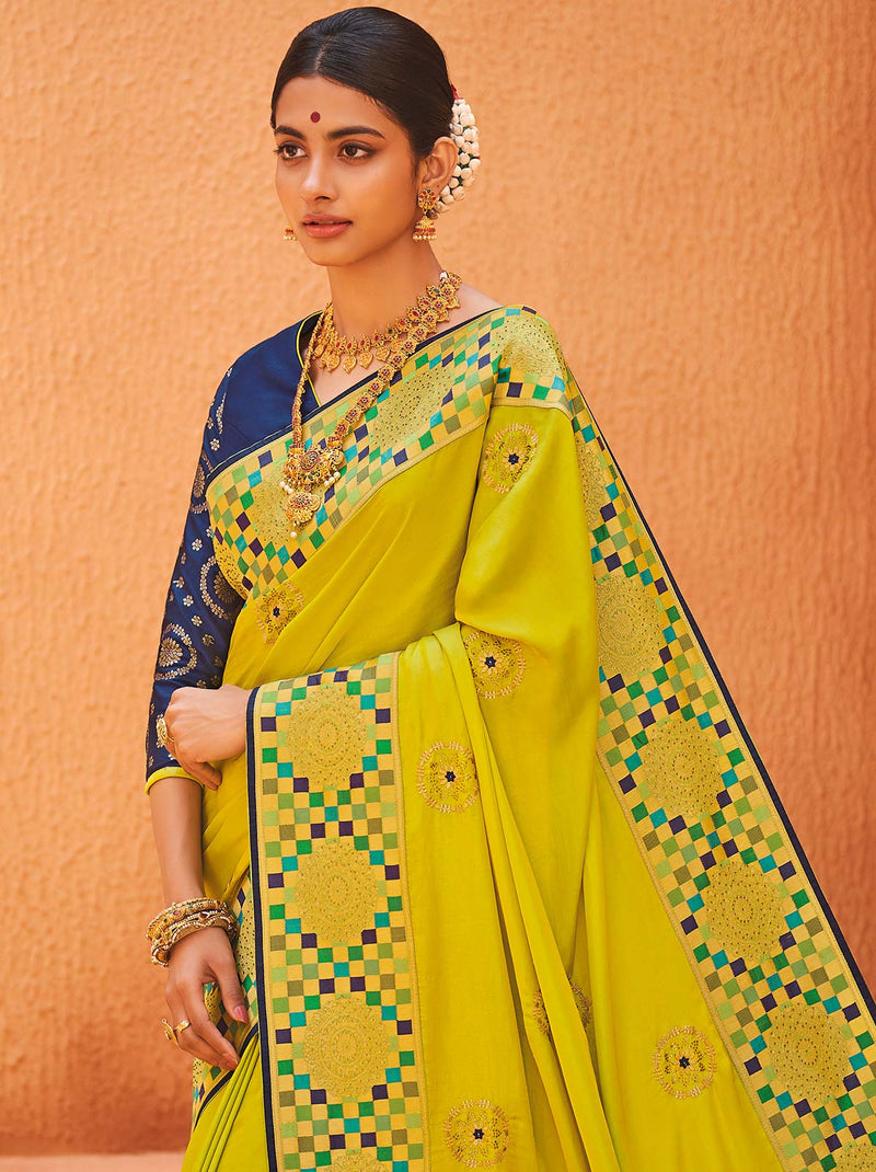 Ornate Yellow Silk Saree with Golden Zari Embroidery - TrendOye