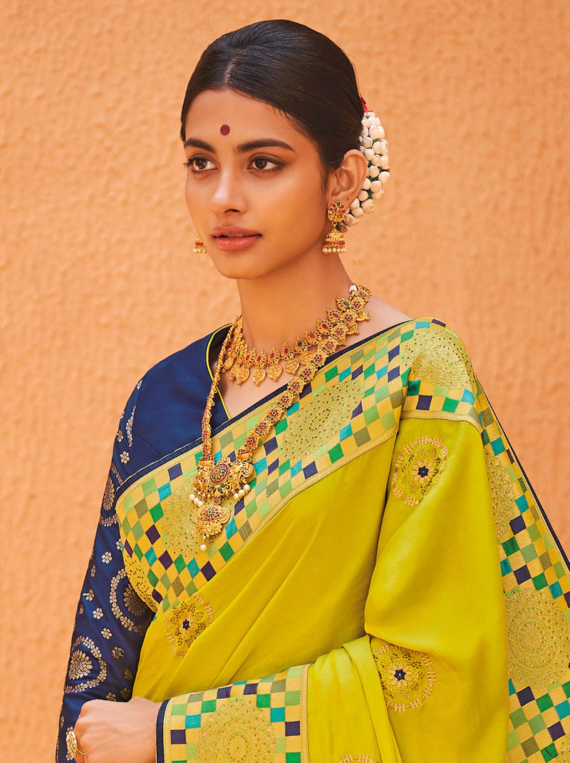 Ornate Yellow Silk Saree with Golden Zari Embroidery - TrendOye