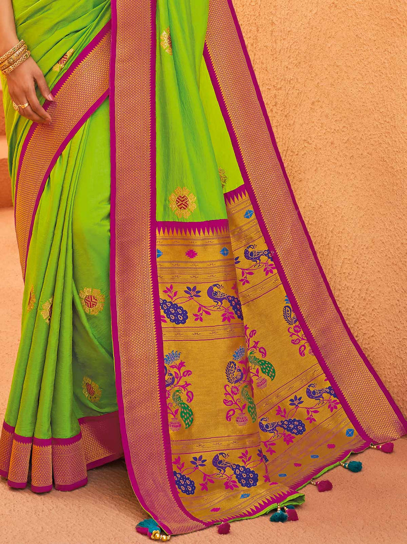 Refreshing Verdant Green Silk Saree with Peacock Motifs - TrendOye