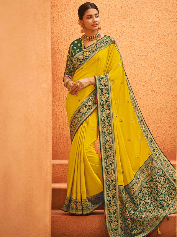 Festive Silk Woven Saree In Yellow Shade - TrendOye