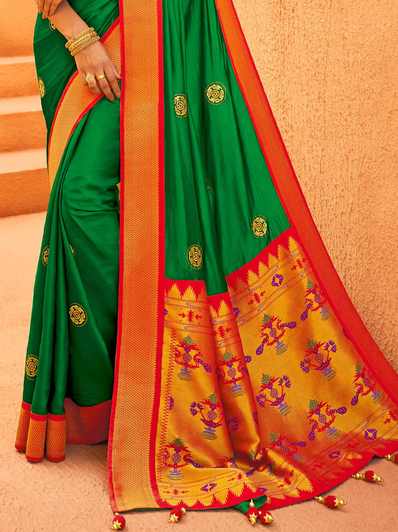Mesmerising Festive Silk Woven Saree in Green Shade - TrendOye