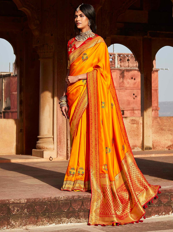 Orange Silk Saree With Enchanting Golden Woven Motifs - TrendOye