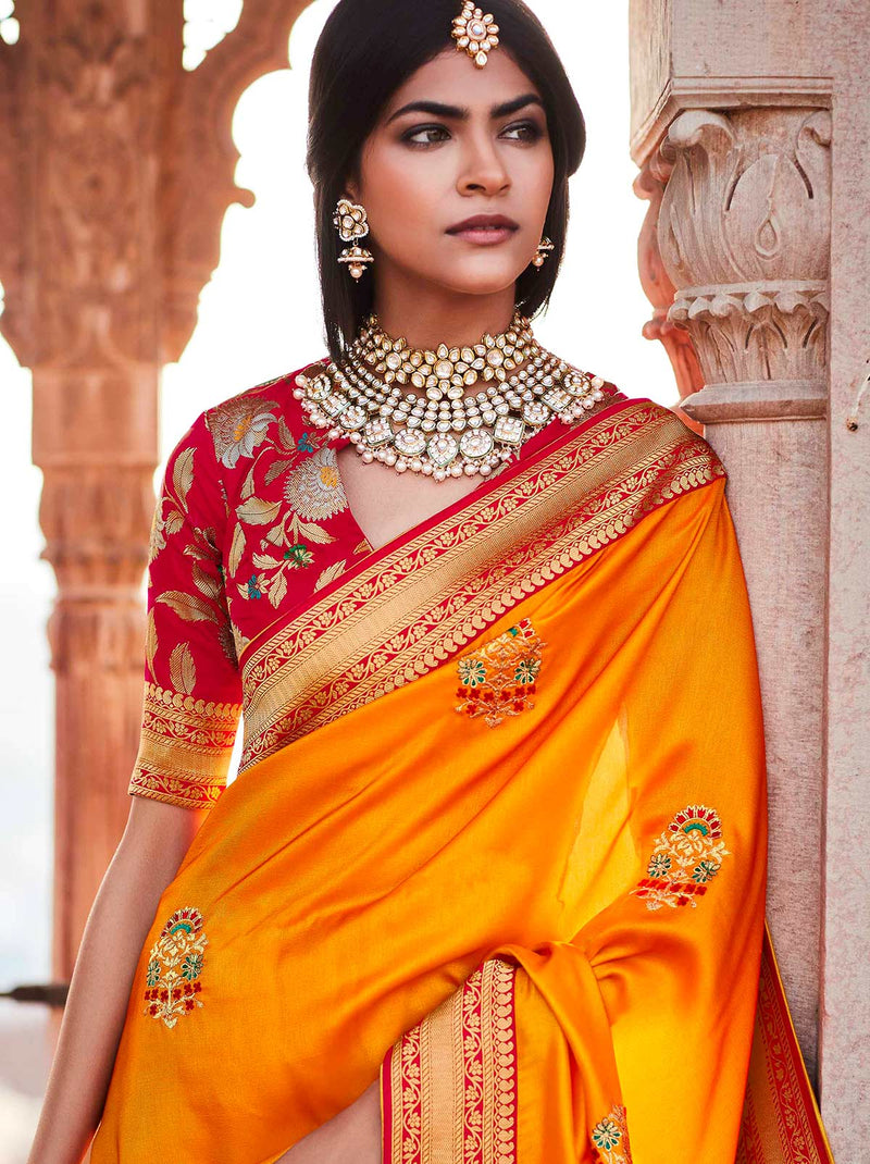 Orange Silk Saree With Enchanting Golden Woven Motifs - TrendOye