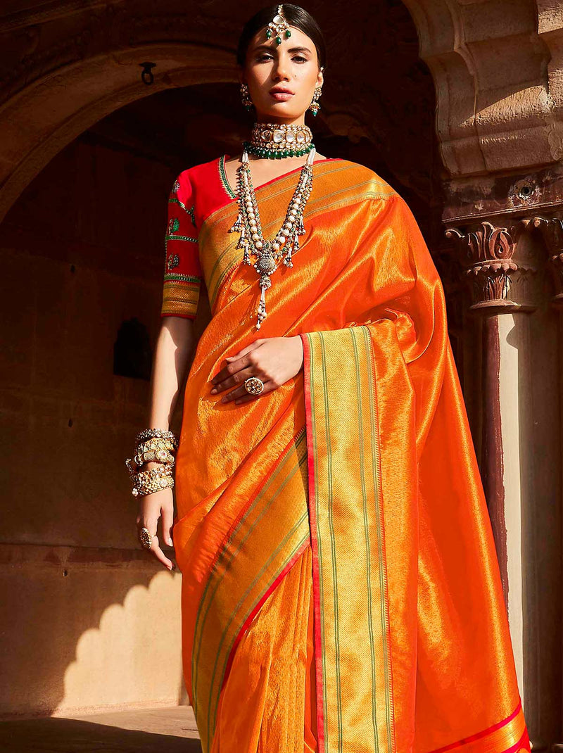Classic Golden Thread Embroidered Tangy Orange Saree - TrendOye