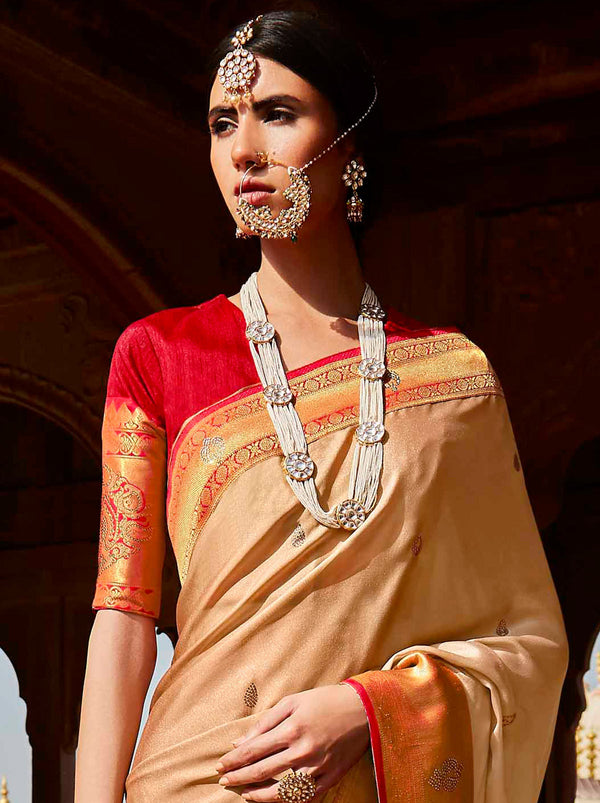 Mesmerizing Peach Silk Saree With Intricate Woven Motifs - TrendOye