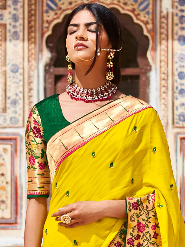 Heritage Paithani Yellow Silk Saree With Woven Motifs - TrendOye