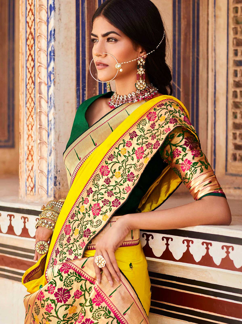Heritage Paithani Yellow Silk Saree With Woven Motifs - TrendOye