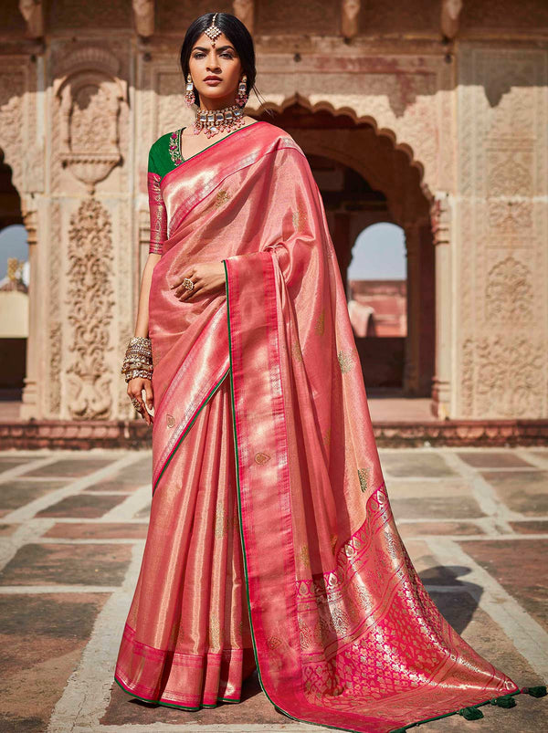 Charming Pink Silk Saree With Swarovski Studded/Tassels - TrendOye