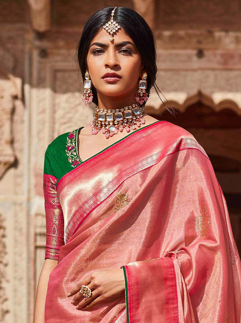 Charming Pink Silk Saree With Swarovski Studded/Tassels - TrendOye