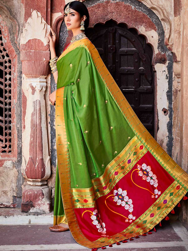 Traditional Embroidered Motifs Green Silk Saree - TrendOye