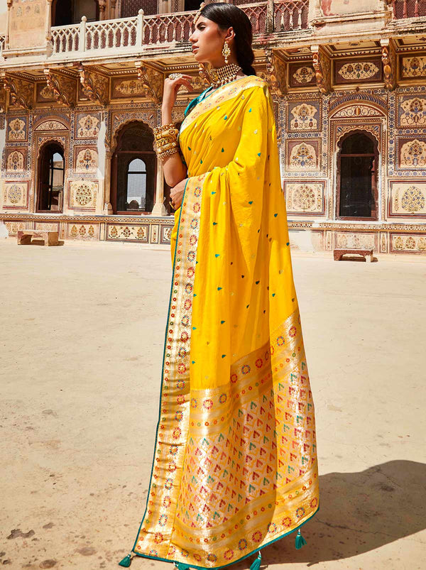 Stunning Yellow Silk Embroidered Motif Saree - TrendOye