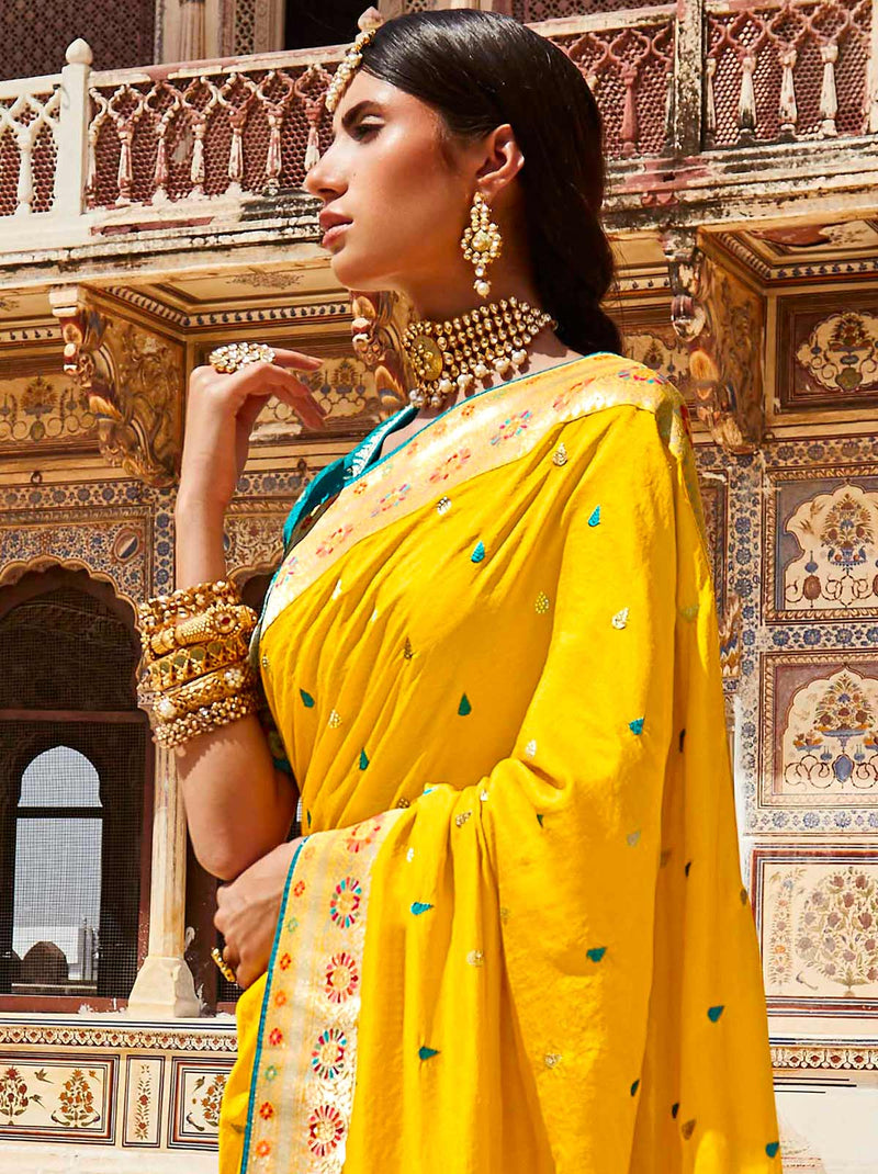Stunning Yellow Silk Embroidered Motif Saree - TrendOye