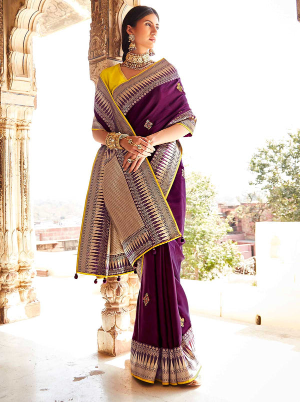 Attractive Purple Silk Weaved Motif Saree - TrendOye