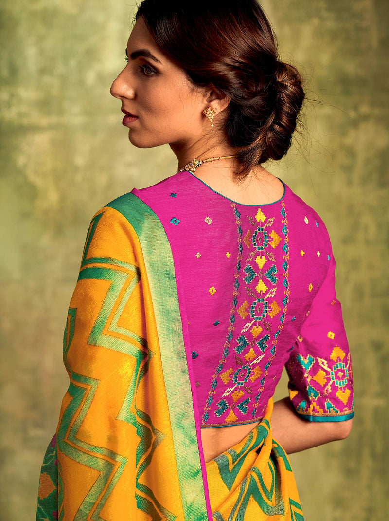 Gorgeous Mustard Silk Saree with Zig-Zag Woven Design - TrendOye