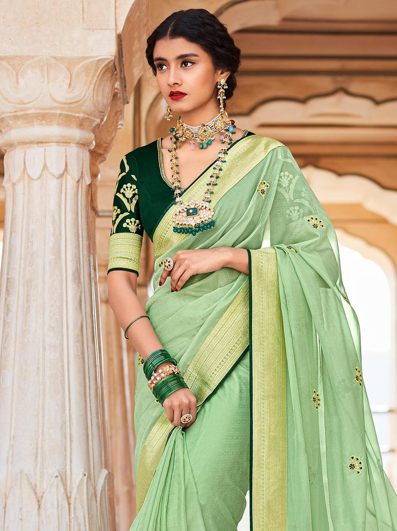 Glamorous Light Green TrendOye Festive Saree With Zari Work - TrendOye