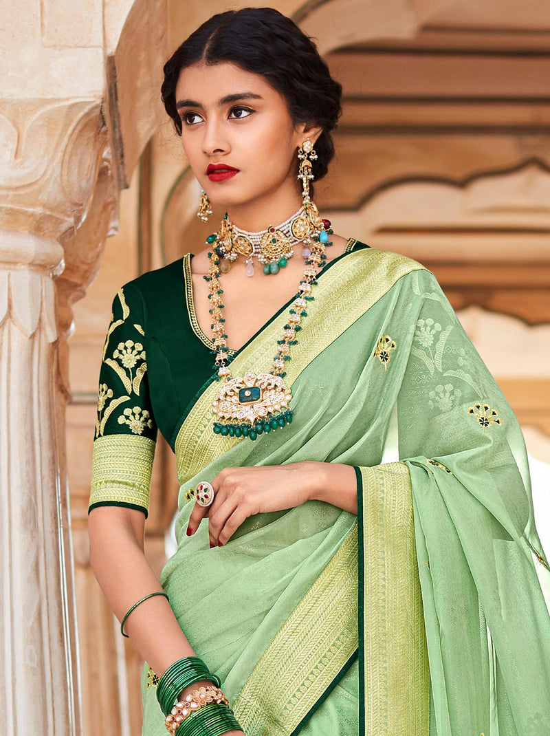 Glamorous Light Green TrendOye Festive Saree With Zari Work - TrendOye