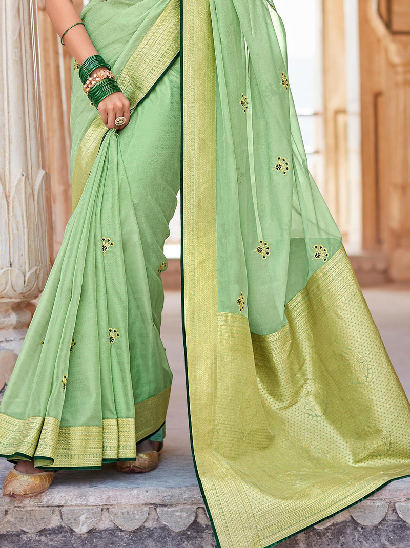 Glamorous Light Green TrendOye Festive Saree With Zari Work - TrendOye