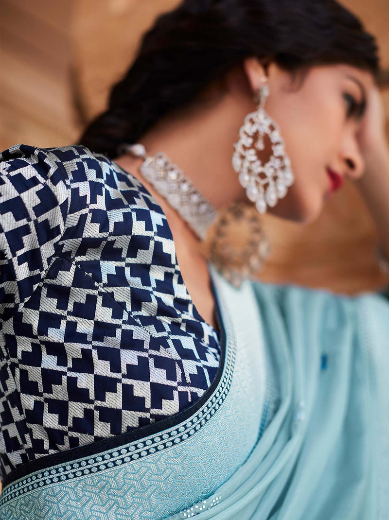 Say It All With Sky Blue TrendOye Saree And Designer Unstitched Blouse - TrendOye