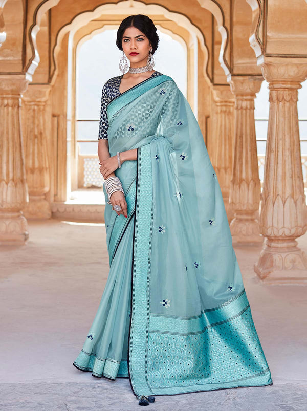 Say It All With Sky Blue TrendOye Saree And Designer Unstitched Blouse - TrendOye