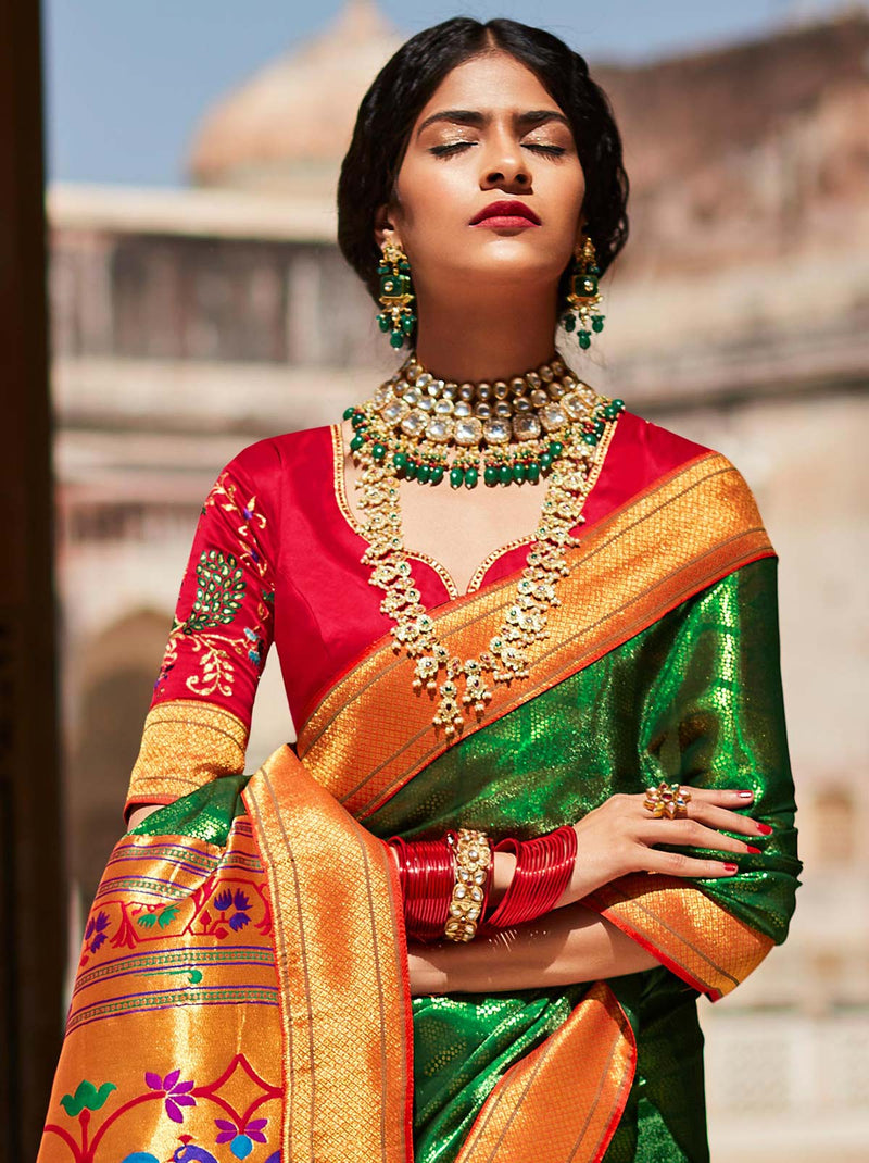 Mingle In Fashion With Green TrendOye Saree and Red Contrast Blouse Fabric - TrendOye