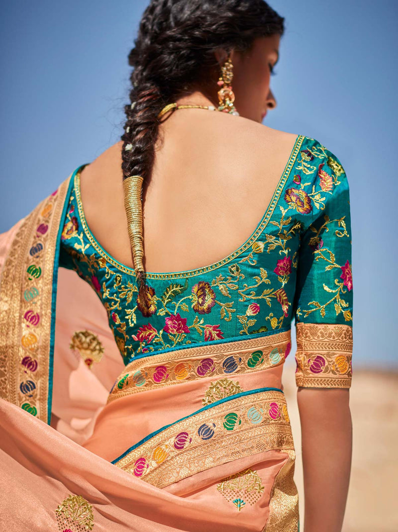 Feel That Beige Trendoye Saree With Peacock Blue Embroidered Blouse Fabric - TrendOye