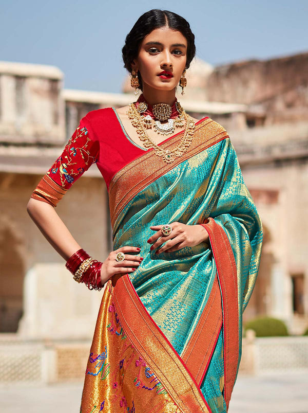 Shining Green TrendOye Paithani Silk Jacquard Saree With Red Blouse Fabric - TrendOye