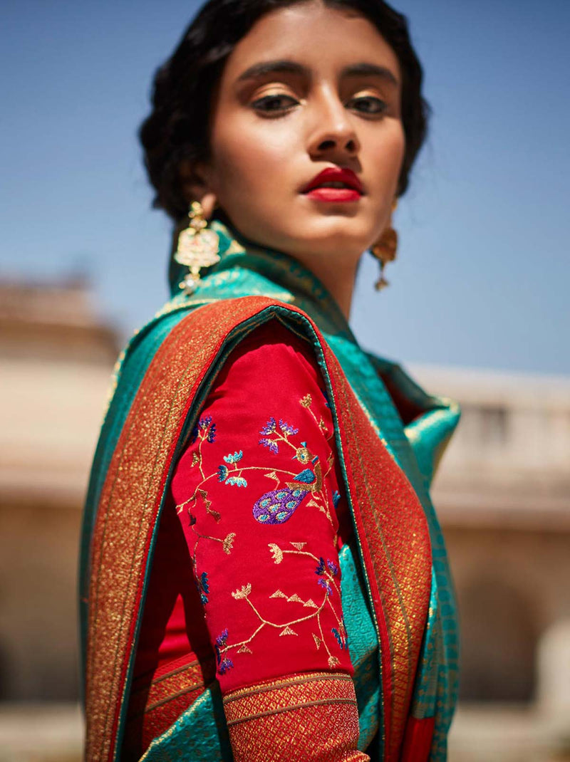 Shining Green TrendOye Paithani Silk Jacquard Saree With Red Blouse Fabric - TrendOye