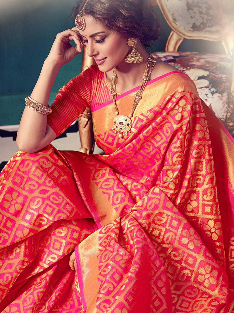 Gorgeous Saffron Kanjivaram Silk Saree with Golden Pallu - TrendOye