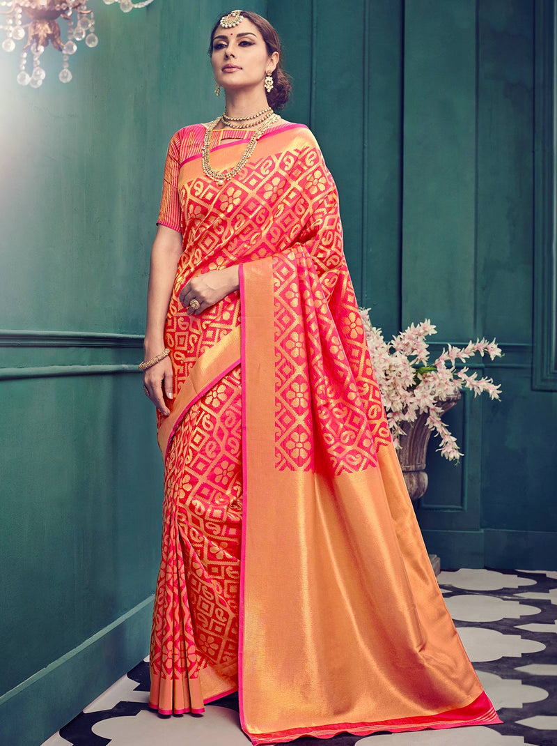 Gorgeous Saffron Kanjivaram Silk Saree with Golden Pallu - TrendOye