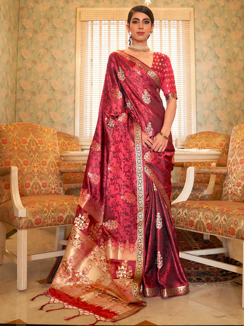 Vibrant Satin Weaving Silk Saree with Golden Border - TrendOye