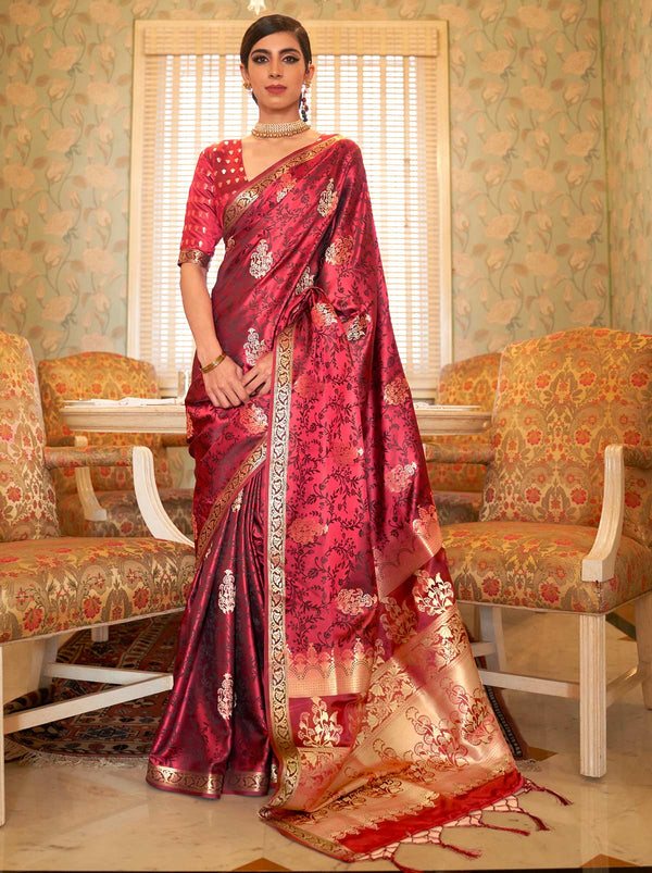 Vibrant Satin Weaving Silk Saree with Golden Border - TrendOye