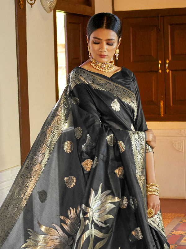 Enticing Black Cotton Silk Designer Saree - TrendOye