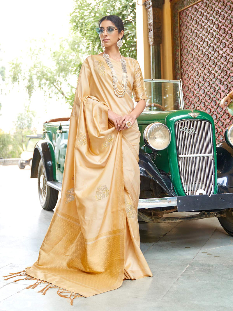Dazzling Golden Silk Saree With Weaved Motifs - TrendOye