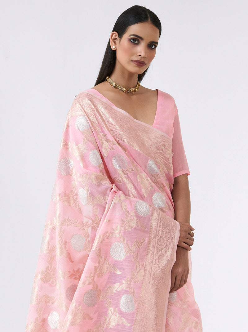 Gorgeous Pink Linen Silk Thread Embroidered Saree - TrendOye