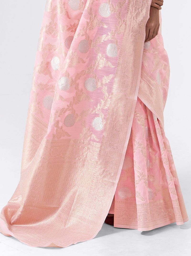 Gorgeous Pink Linen Silk Thread Embroidered Saree - TrendOye