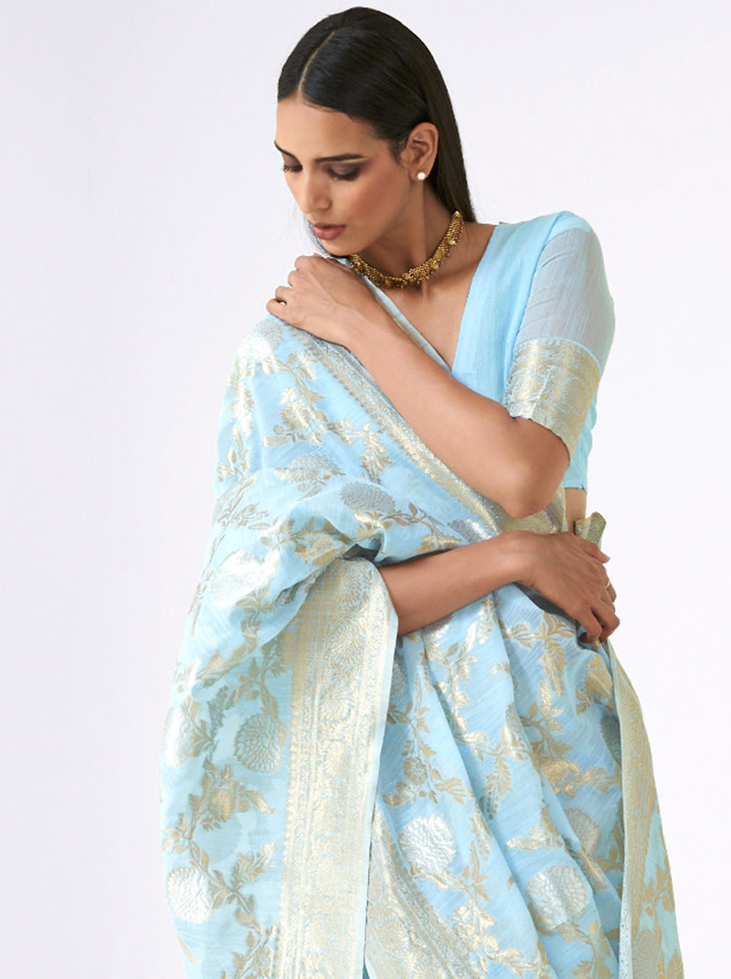 Exotic Aqua Linen Silk Thread Embroidered Saree - TrendOye