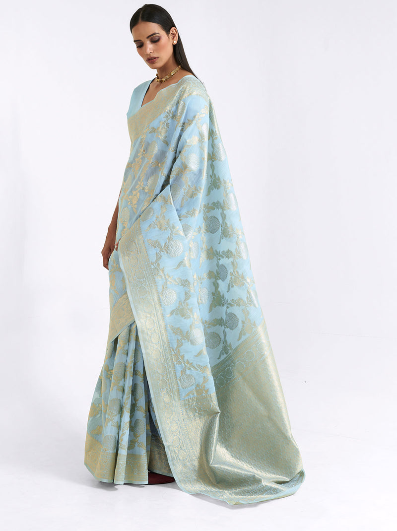 Exotic Aqua Linen Silk Thread Embroidered Saree - TrendOye