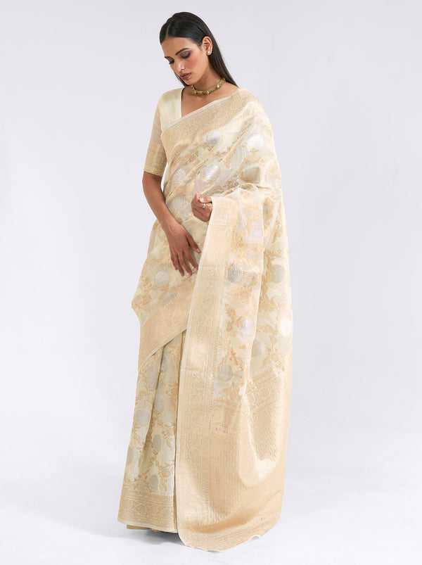 Classic Ivory Linen Silk Thread Embroidered Saree - TrendOye