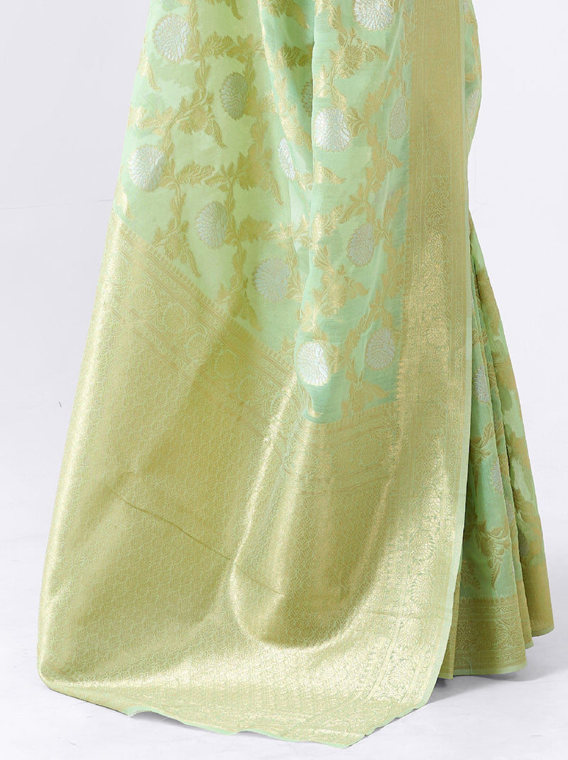 Mesmerising Green Linen Silk Thread Embroidered Saree - TrendOye