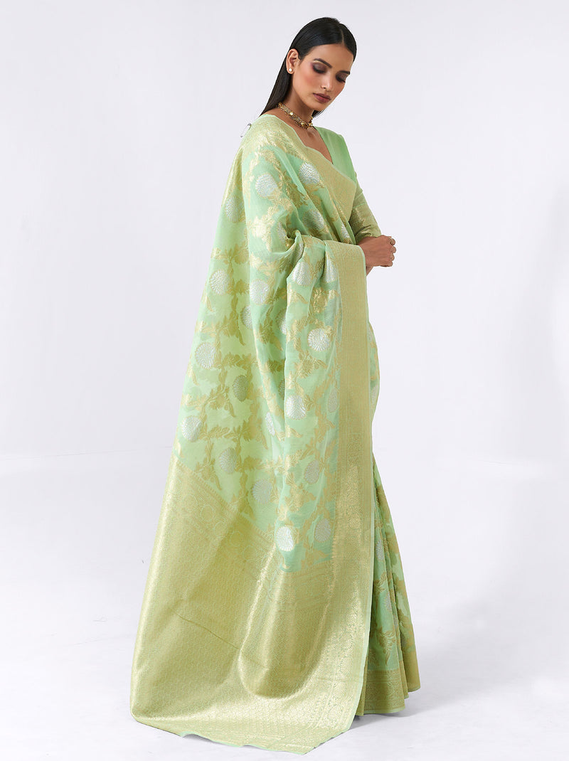Mesmerising Green Linen Silk Thread Embroidered Saree - TrendOye