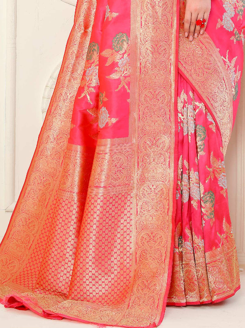 Ravishing Fuchsia Banarasi Designer Festive Woven Silk Saree - TrendOye