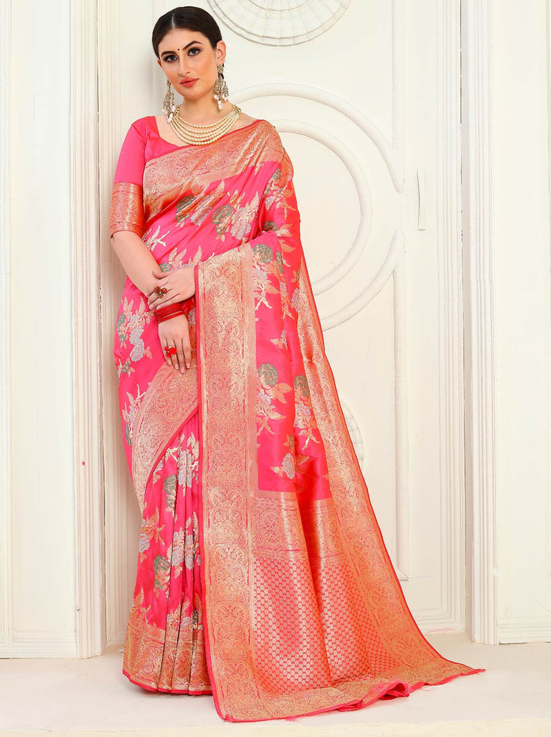 Ravishing Fuchsia Banarasi Designer Festive Woven Silk Saree - TrendOye