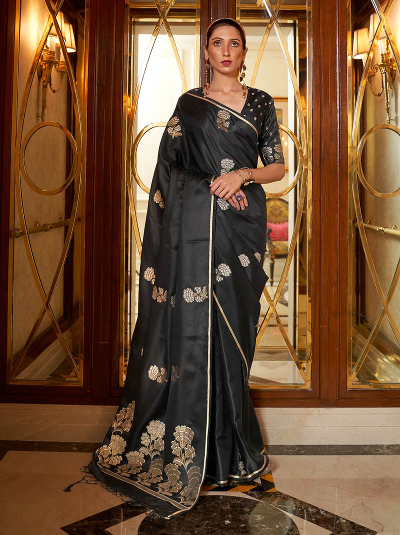 Black Banarasi Silk Saree, Indian Wedding Saree with Blouse