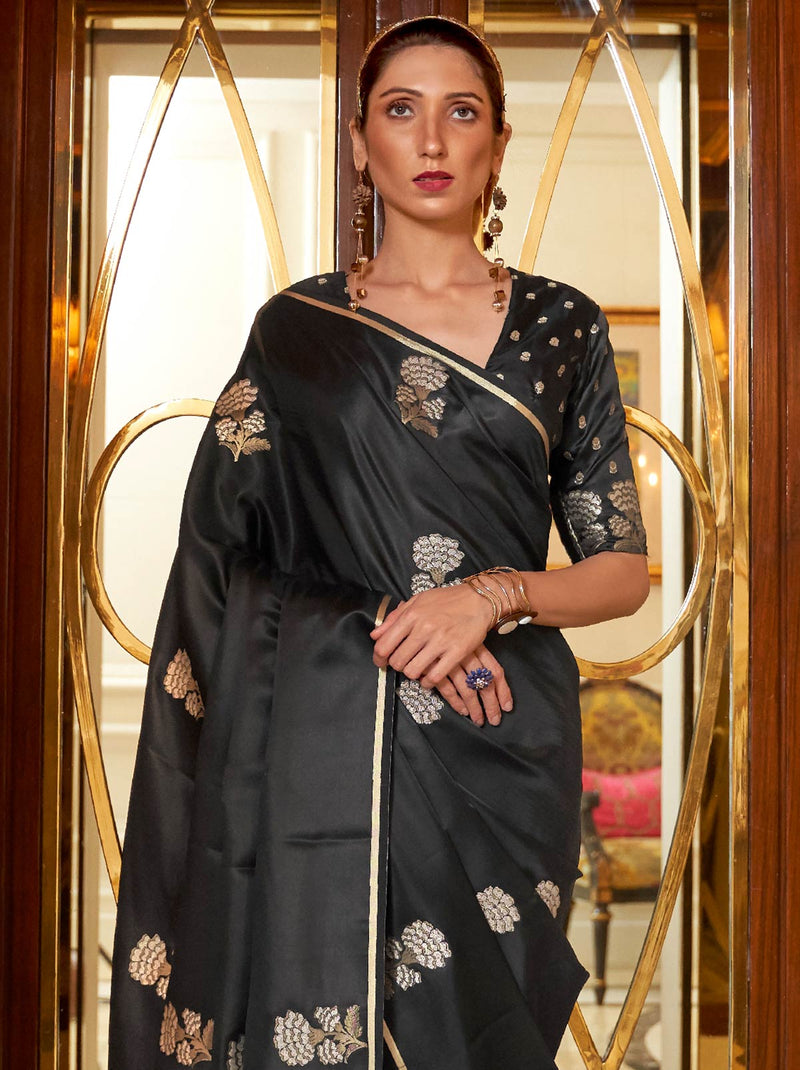 Black Banarasi Silk Designer Festive Party Saree - TrendOye