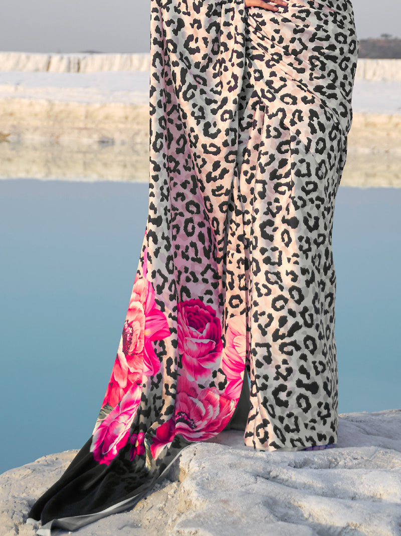 Leopard Print Saree With An Enthralling Flower Pattern - TrendOye