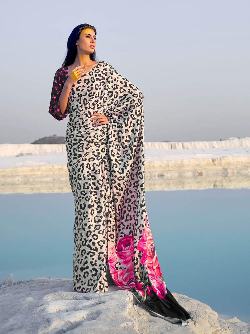 Leopard Print Saree With An Enthralling Flower Pattern - TrendOye