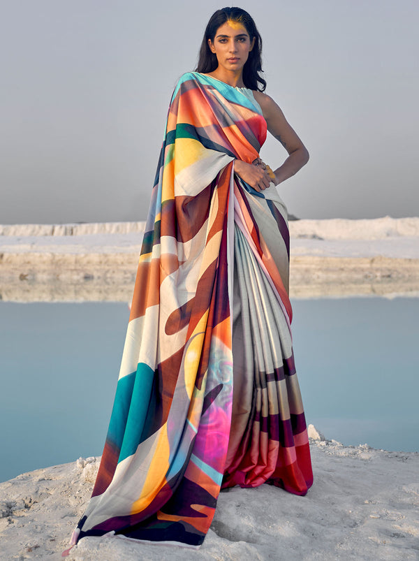 Teal Satin Solid Saree with Mirror Detailing comes with Blouse Piece –  Inddus.com