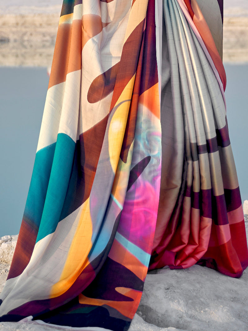 Colour-block satin silk blend saree with digital prints - TrendOye